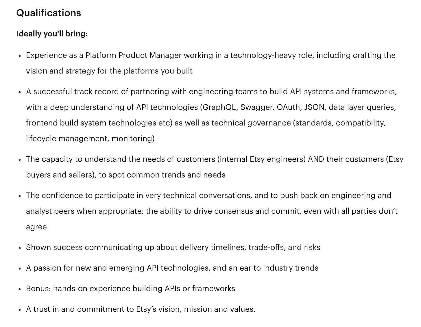 Screenshot of the qualifications section of a Staff Product Manager, API Platform role at Etsy