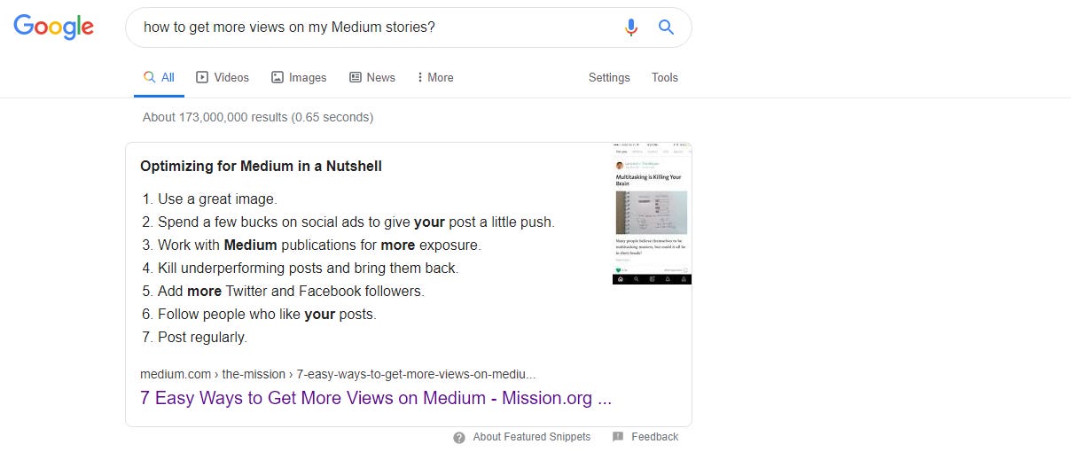 Medium story appear at the top of a keyword when we search for the term “How to get more views on Medium stories”