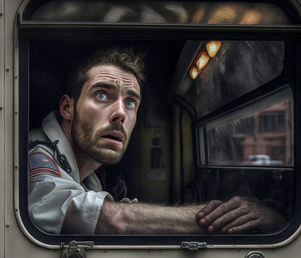 Man looking out of ambulance window, photo generated by Victor Sandiego@Midjourney