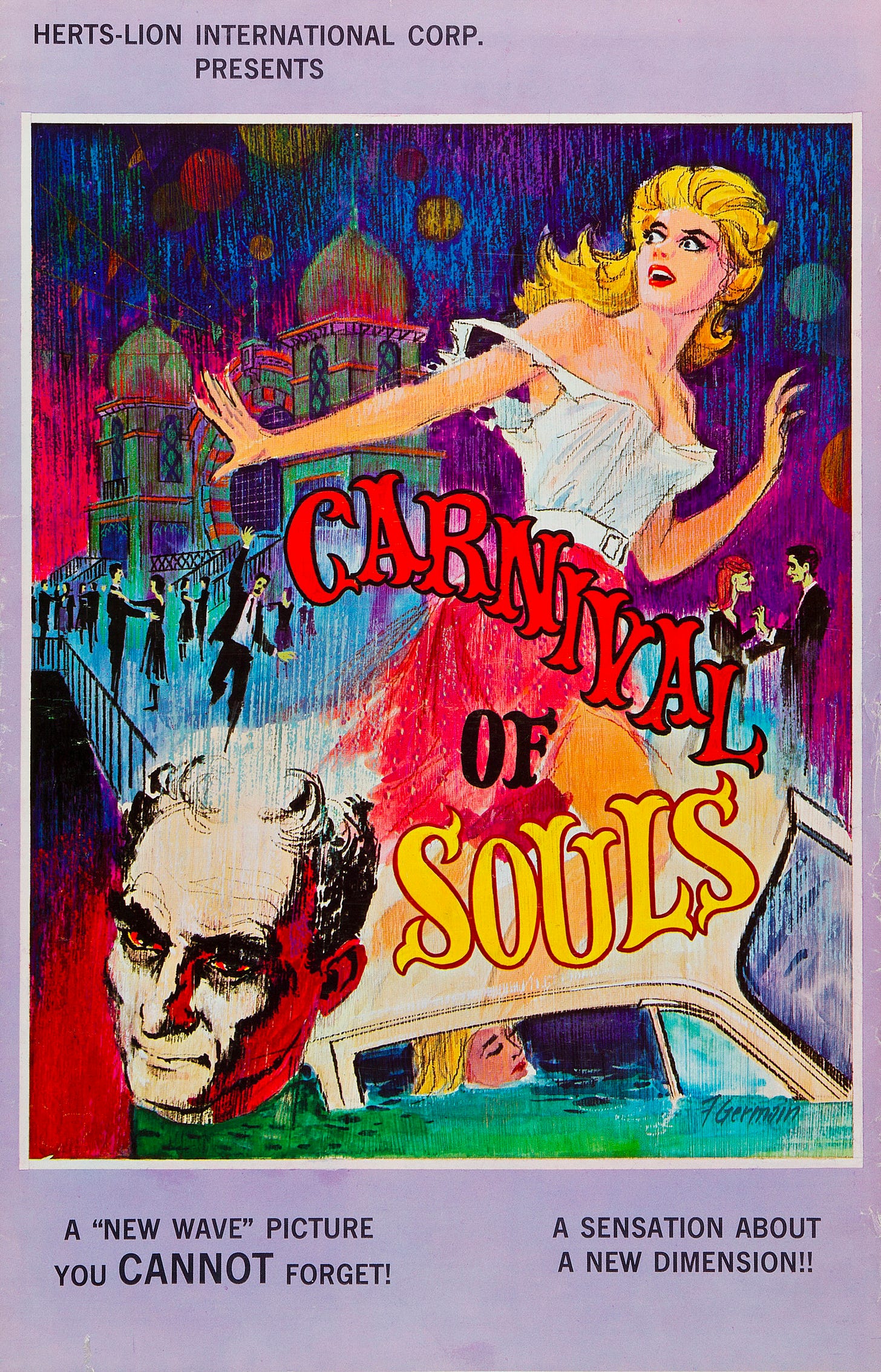 The film's original poster. An illustrated Mary Henry is at the top right, looking afraid. She is blonde with red lipstick and pale skin. ONn the bottom left is The Man, who has glowing red eyes and a grim face. Between them, carnival-style font in red and yellow reads "Carnival of Souls" and a car is shown with a woman dead in the passenger seat.