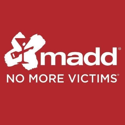 MADD logo, red background and white lettering. 