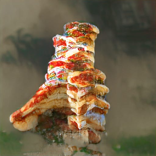 A sloppy pizza-textured pile that's approximately 8 pizza thicknesses tall