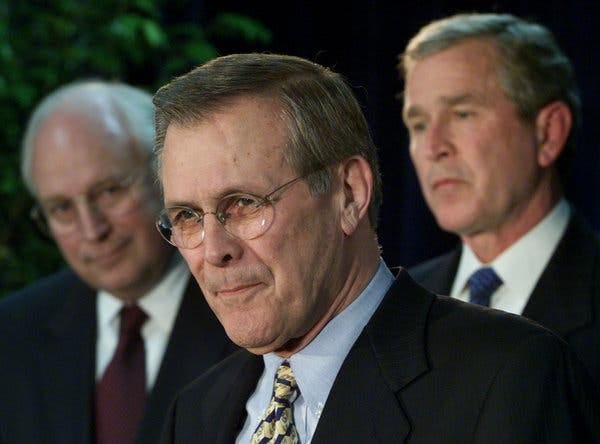Donald H. Rumsfeld in 2000, between Vice President-elect Dick Cheney and President-elect George W. Bush, who chose Mr. Rumsfeld to be his secretary of defense.