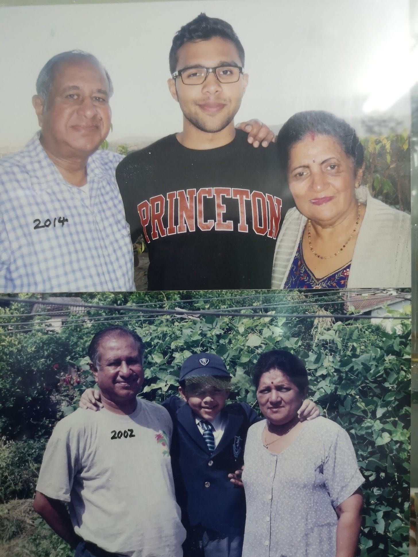 A photograph with my grandparents before my freshman year at Princeton University in 2014 (top) and on my first day of primary school in 2002 (bottom)