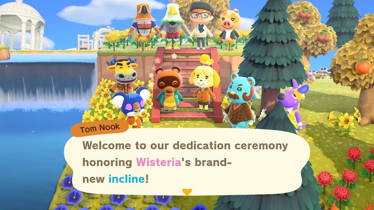 Tom Nook: "Welcome to our dedication ceremony honoring Wisteria's brand-new incline!"