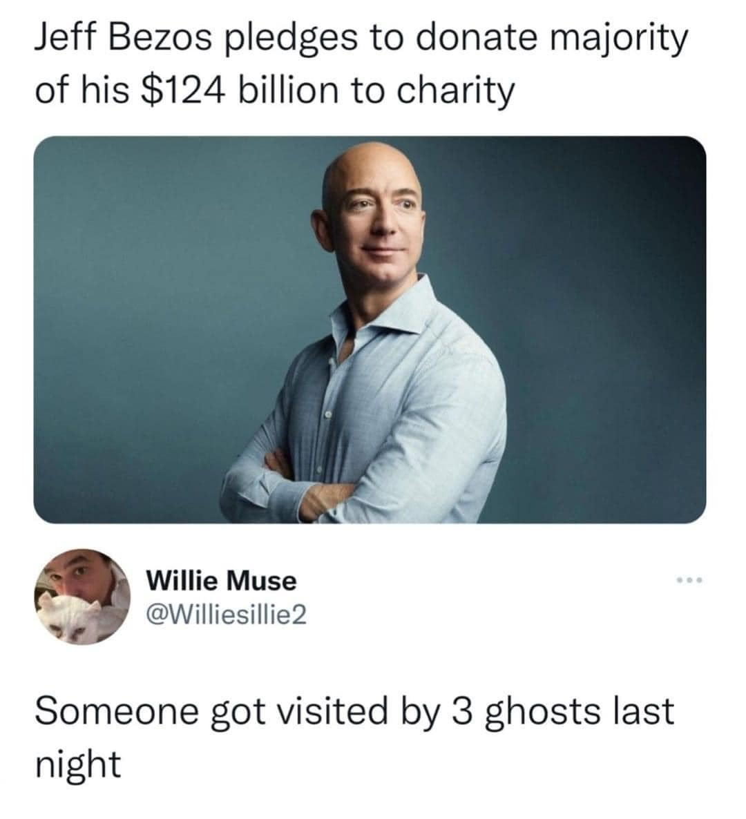 May be a Twitter screenshot of 2 people and text that says 'Jeff Bezos pledges to donate majority of his $124 billion to charity Willie Muse @Williesillie2 Someone got visited by 3 ghosts last night'