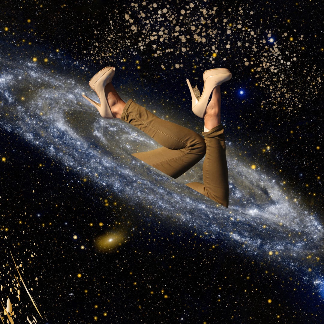 A collage of the milky way, and two legs, bent and falling into a planetary black hole. The legs are bent and incased in beige trousers, high platform shoes on the feet.