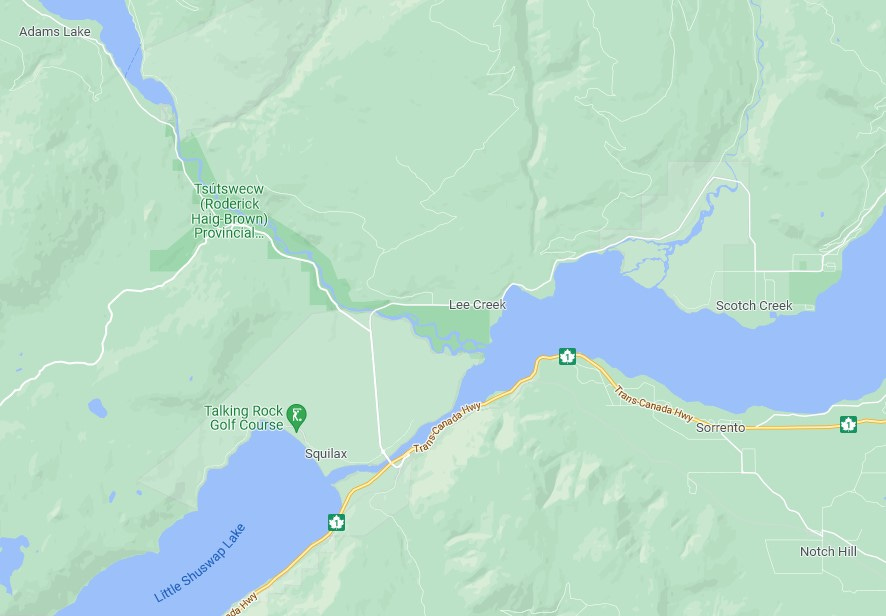 map of the Shuswap area, showing the connections between Little Shuswap Lake, the Adams River, and Shuswap Lake