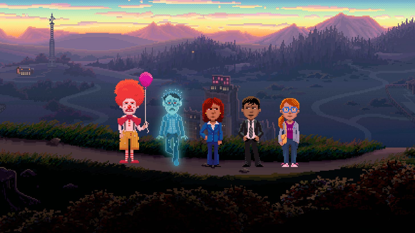 FIve characters from the game Thimbleweed Park, set against the backdrop of the pixelated town. The characters are Ransom the clown, Franklin the ghost, Ray and Reyes (two detectives), and Delores (an aspiring game developer)