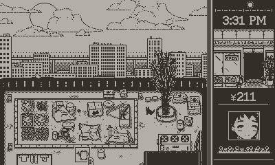 A screenshot from Bloom. A messy garden on the roof, with a sidebar showing the time, front of your shop, money, and Midori's face.