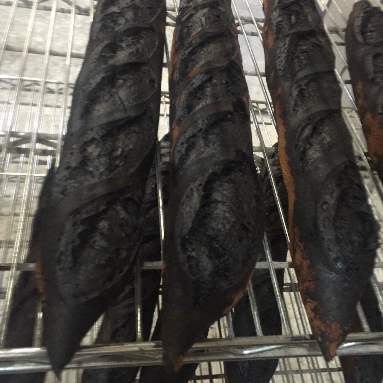 Three charred baguettes on a cooling rack, each one a dagger in my heart.