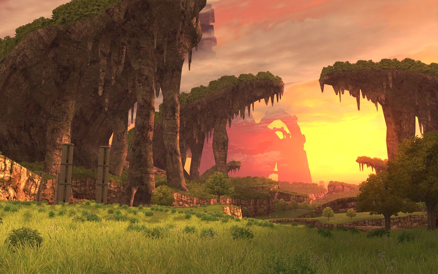 Xenoblade Chronicles game screen capture with trees and grass and a sunrise