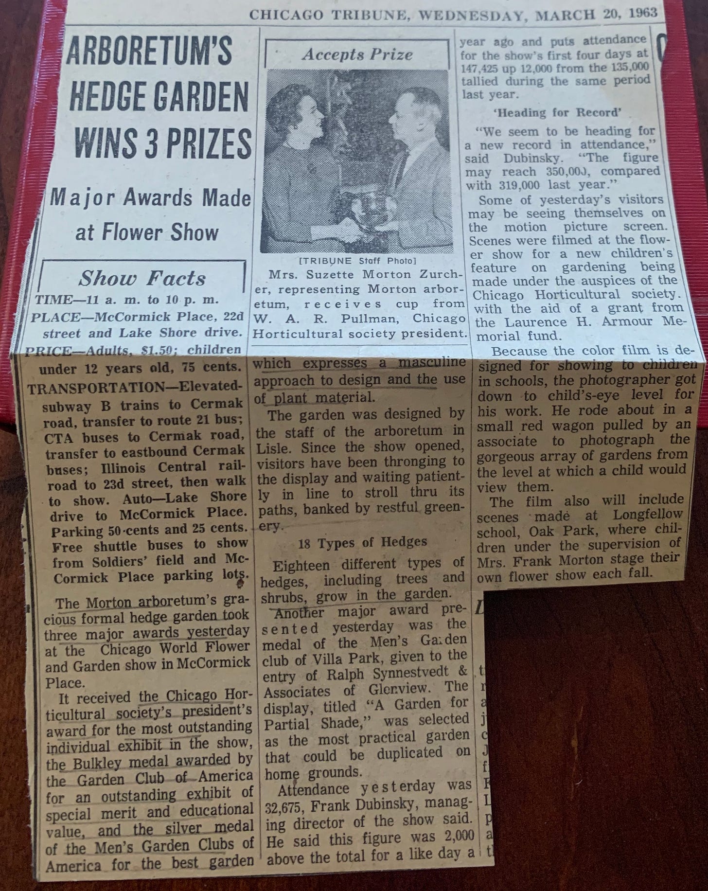 Photo of a newspaper clipping with a headline: "Arboretum's Hedge Garden Wins 3 Prizes. Major Awards Made at Flower Show."