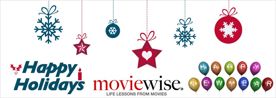 A festive banner decorated with snowflake ornaments and the words Happy Holidays, Happy New Year, and moviewise.