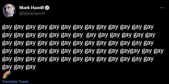 Mark Hammils tweet of the word 'gay' around 80 times