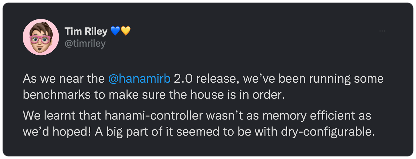 As we near the @hanamirb 2.0 release, we’ve been running some benchmarks to make sure the house is in order. We learnt that hanami-controller wasn’t as memory efficient as we’d hoped! A big part of it seemed to be with dry-configurable.