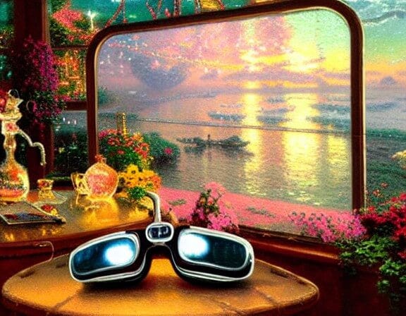 AI-generated image based on prompt: Still life of shiny VR goggles on a glass table by Thomas Kinkade