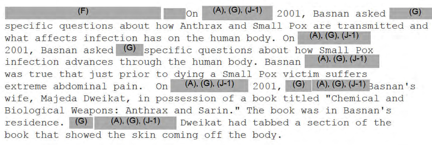Screen shot of the FBI document discussing Bassnan's and wife's interest in Anthrax, Sarin and Small Pox in 2001