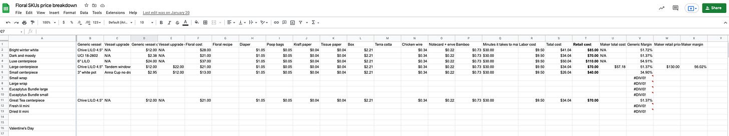 screen shot of a spreadsheet with floral costs