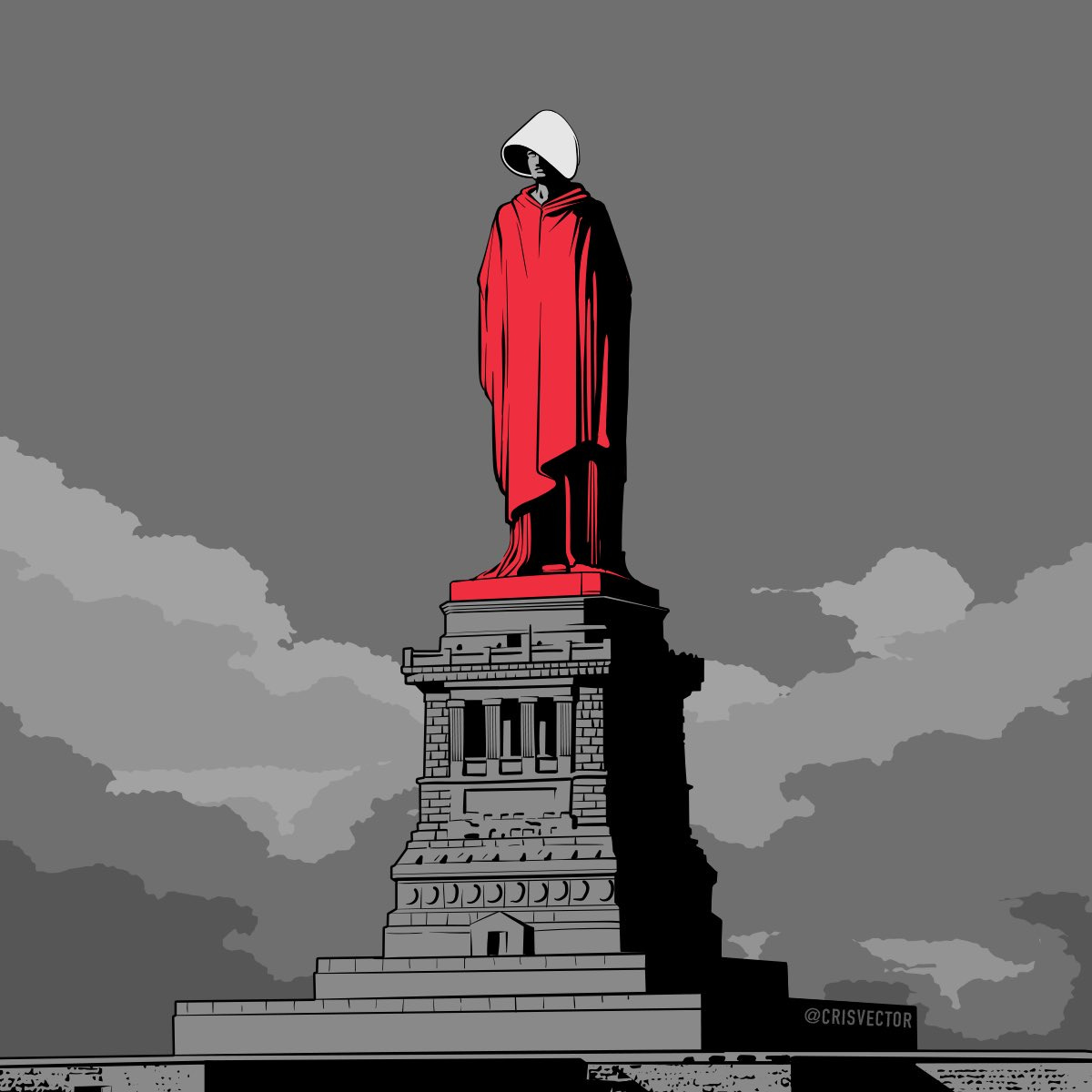 Ilustração da estátua da Liberdade caracterizada como uma personagem de “O Conto da Aia” (mulher de túnica vermelha, usando um chapéu branco com uma aba grande que cobre seu rosto). O pedestal da estátua é cinza, o céu também é cinza com nuvens cinzas.