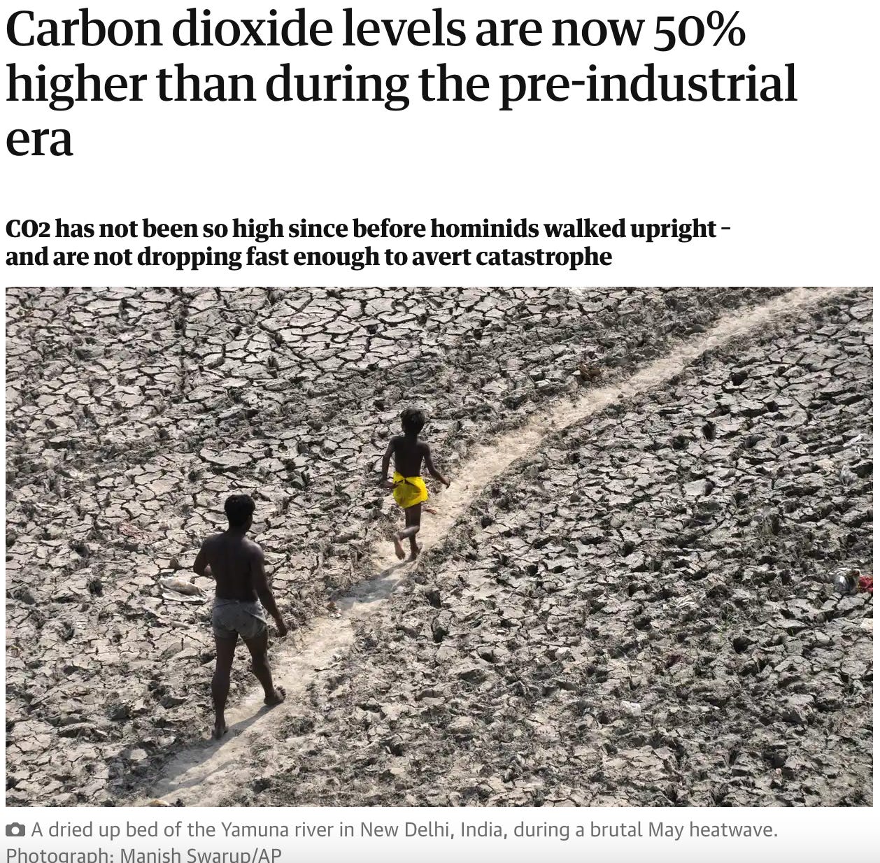 A screenshot from The Guardian with the headline "Carbon dioxide levels are now 50% higher than during the pre-industrial era"