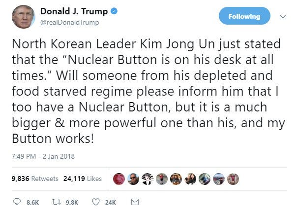 تويتر \ NEWS CENTER Maine على تويتر: "President Trump, responding to a  statement from North Korean leader Kim Jong Un, says in a tweet that his  "Nuclear Button" is "much bigger and