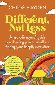 The cover of Chloe's book Different Not Less, which is orange with lots of bright colours