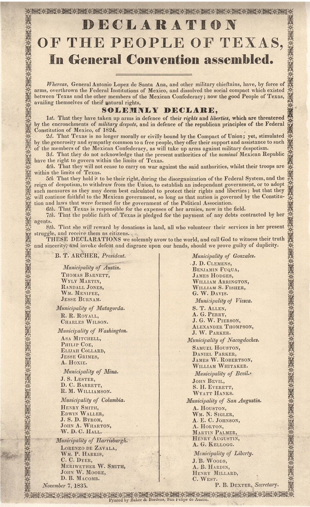 November 7, 1835, Declaration of the People of Texas
