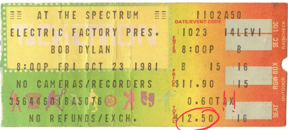 Ticket from concert with a price of $12.50