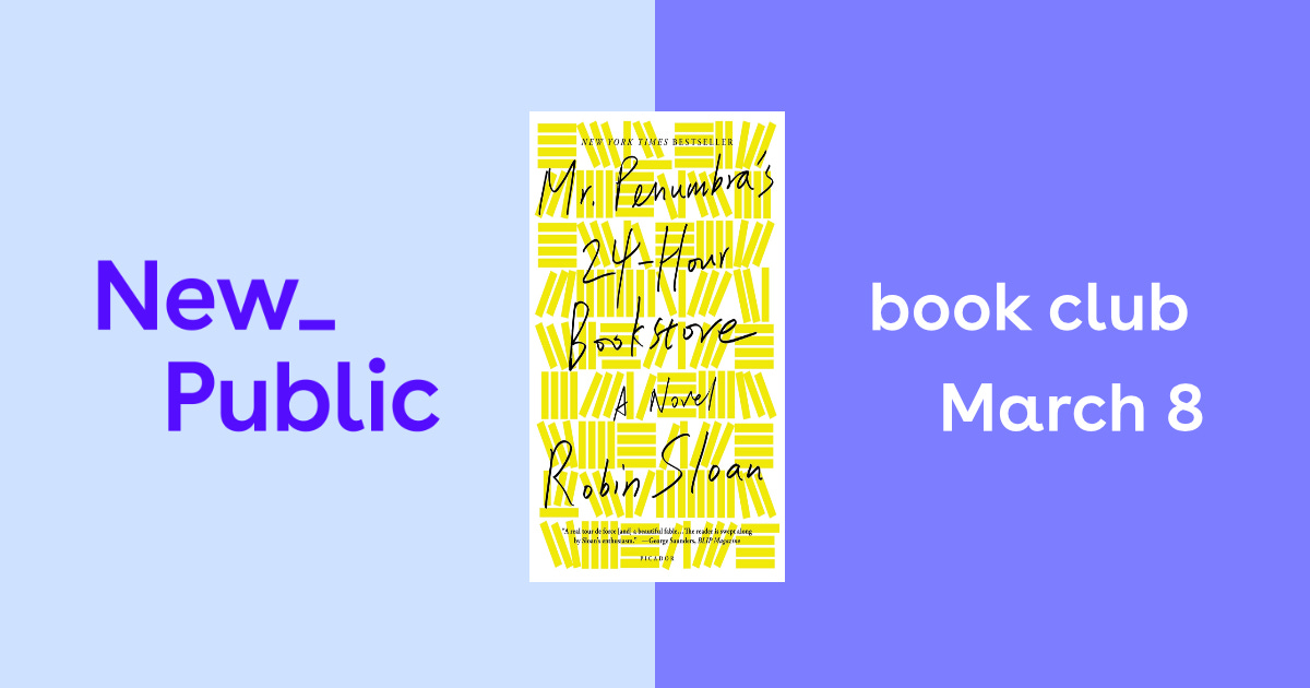 A designed image with our New_ Public logo at left, the cover to the book in the center, and text that reads "book club, March 8" at right