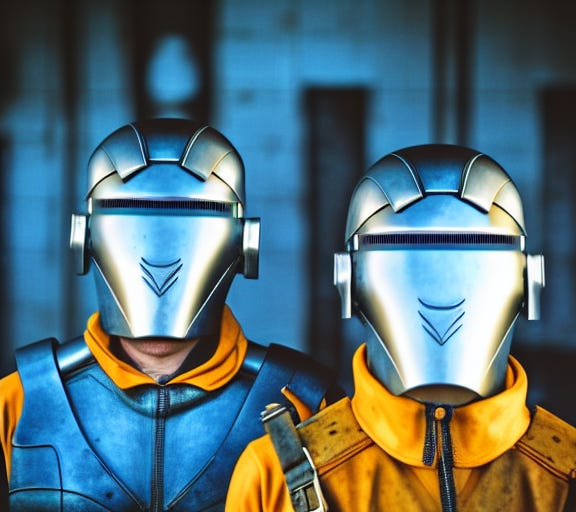 Movie shot rendering of two dystopian warrior cyborgs in helmets generated by AI based on a starting image
