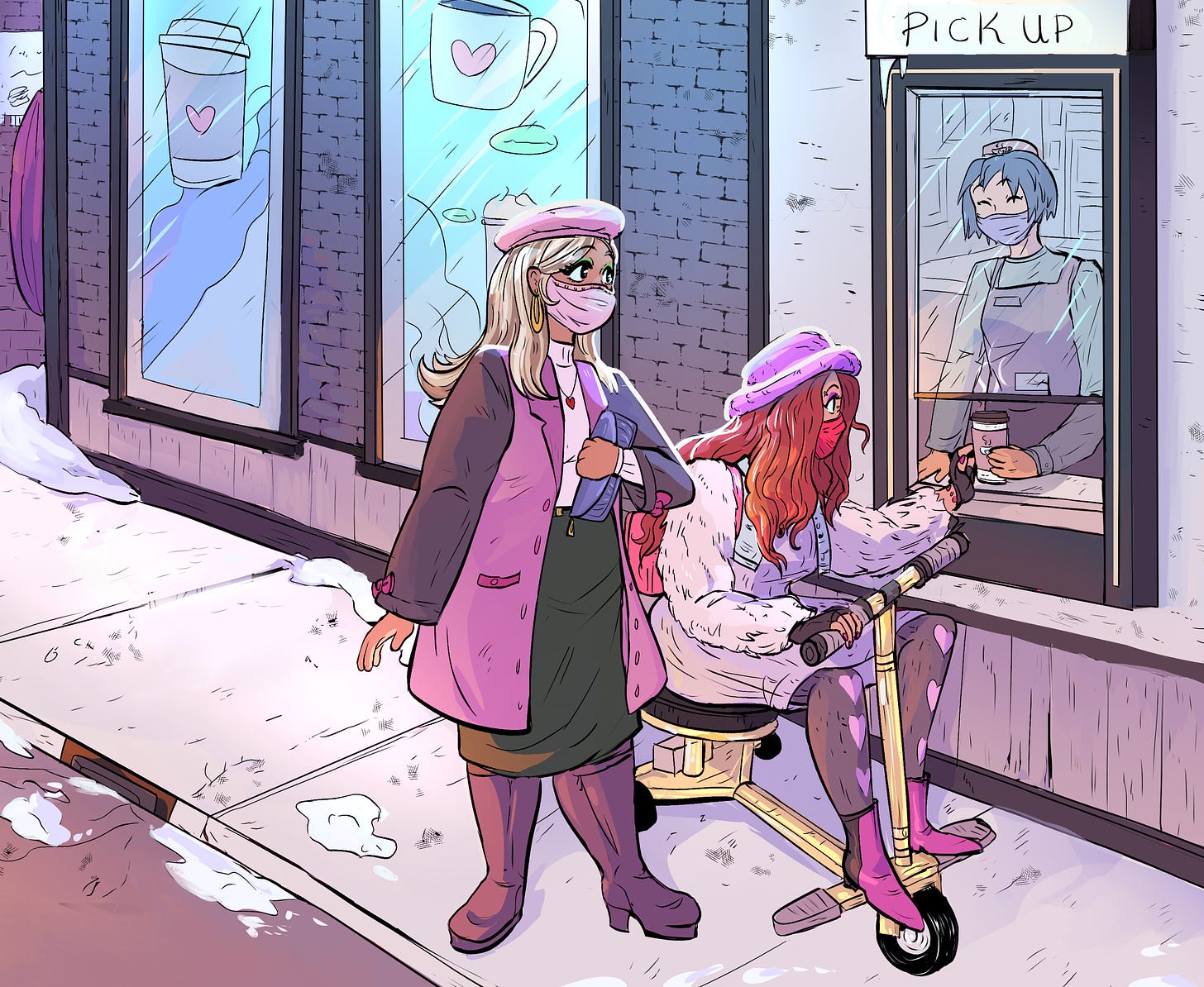 Two chic Black women grab coffee from an outdoor pick-up window. The woman closest to the barista is in a gold-customized travel mobility scooter and wears a fuzzy purple bucket hat, sweater dress, pink backpack, and red face mask. Next to her, the second woman waits in a pink coat and beret. Bits of snow gather on the ground and sidewalk while the cafe’s windows are decorated with coffee decals.
