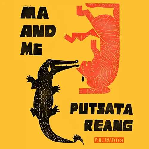 The cover of Ma and Me. Two stylized illustrations of creatures, a crocodile and an upside down tiger, face each other. The background is yellowy orange.