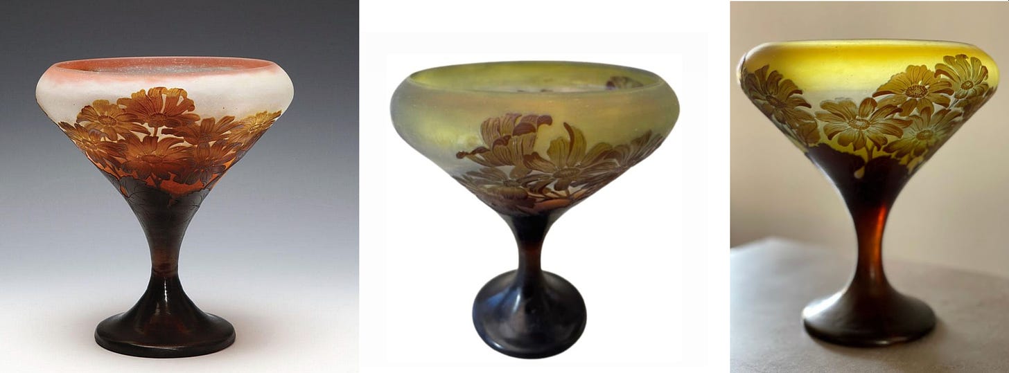 Three specimens of the 1917 *Cineraria* cup. From left to right : Osenat 2010-02-28, Catawiki 2021, Antiquités Art Nouveau 2019.