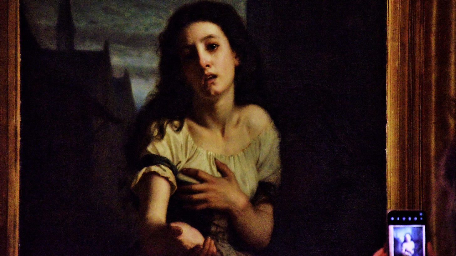 Painting of woman with right hand outstretched and left hand on chest against dark gothic background, photo of painting being taken using a phone