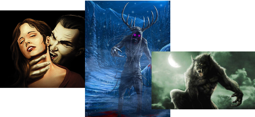 three images: vampire biting a woman's neck, windigo (spectral figure with deer horns in a snowstorm), and a werewolf with clouds and moon behind