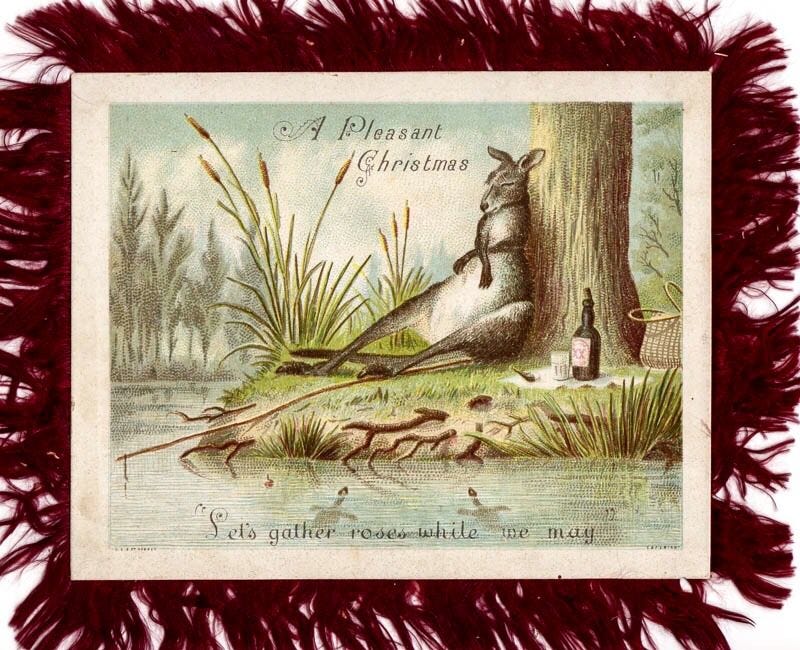 A kangaroo has snoozes while fishing. It has a nice picnic beside it. The caption reads "A pleasant Christmas. Let's gather roses while we may."