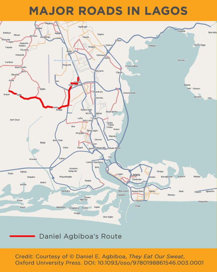 Map of major roads in Lagos and Daniel Agbiboa's driving route in red.