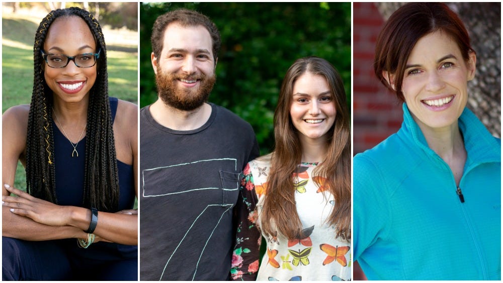 Image Description: Left: Smiling Black woman with long black hair and black glasses, wearing a black shirt; Center: Smiling white man with short brown hair and beard in a dark gray shirt, standing with smiling white woman with long brown hair in a long-sleeve butterfly patterned shirt; Right: Smiling white woman with short brown hair in a blue shirt.