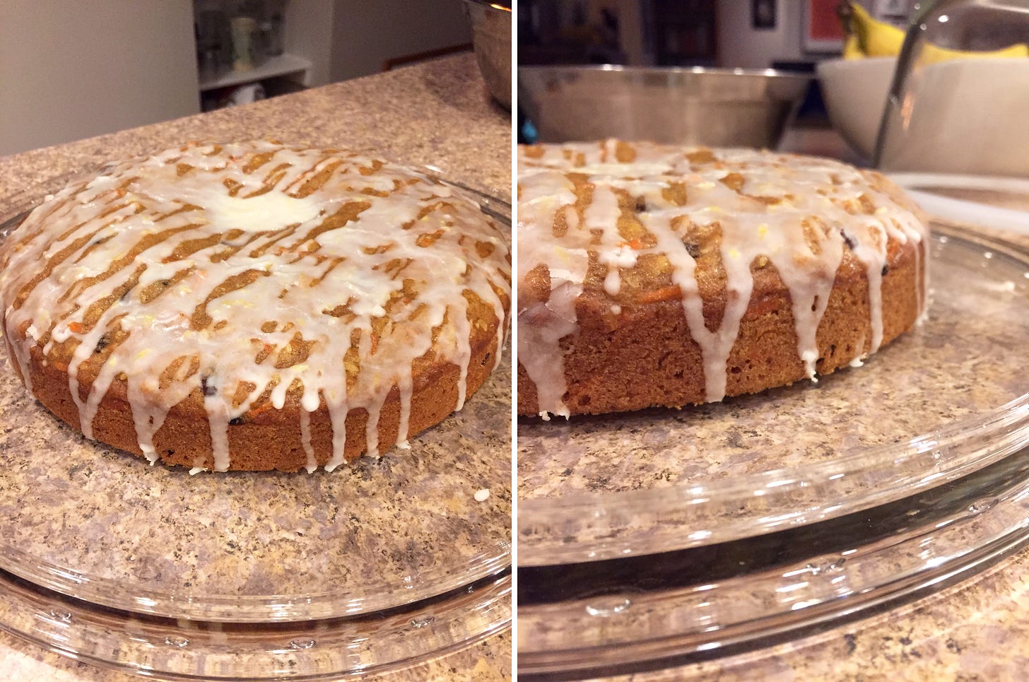 Left image: on a glass cake plate, a round carrot cake with sizeable drizzles of royal icing. Right image: a close up of the edge of the same cake. The icing has drizzled down the sides.