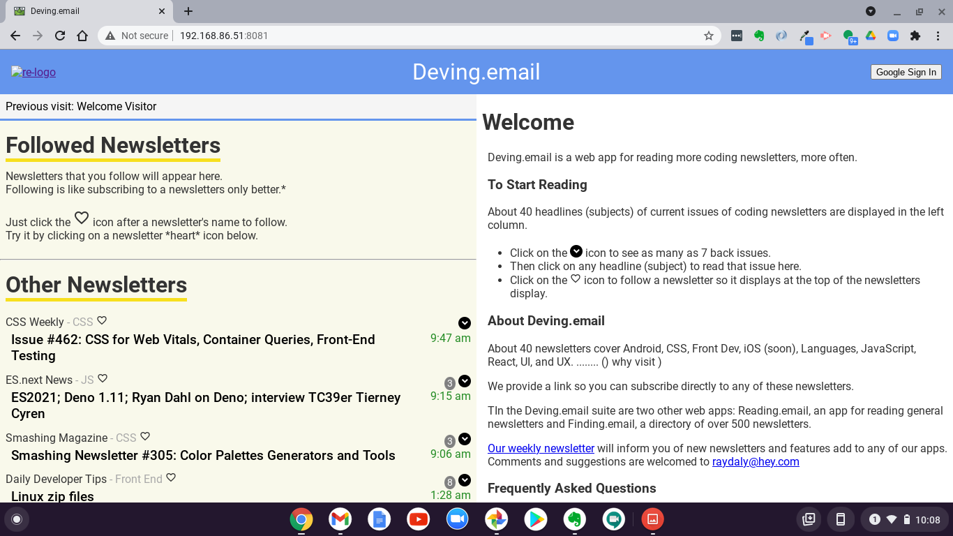This image show Deving.email on a Chromebook tablet when a person first visits the web app.