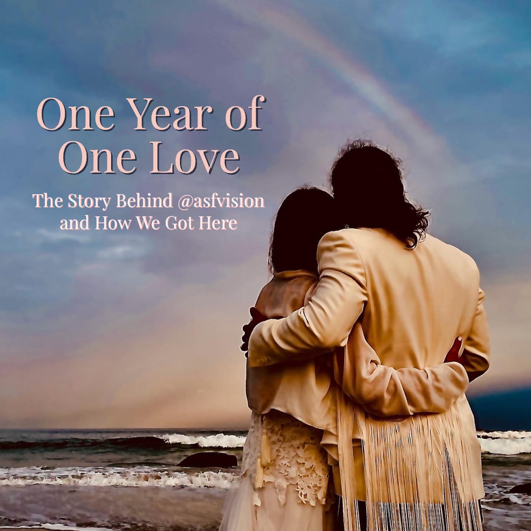 Anthony and kelly stand looking towards the ocean and there is a rainbow in the sky and the text on the image says one year of one love the story behind @asfvision and how we got here