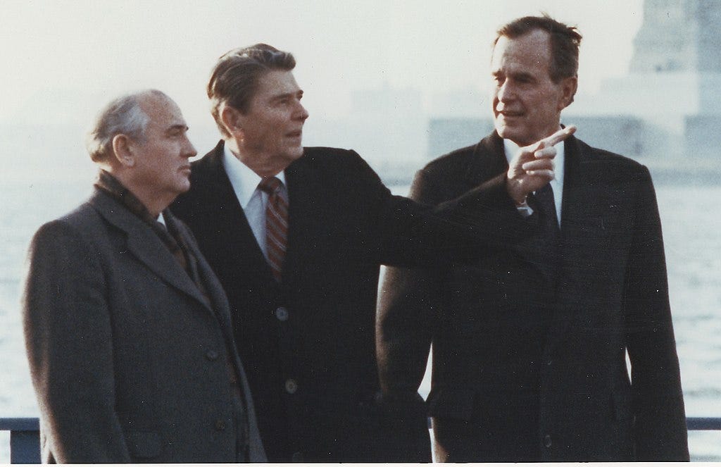 Gorbachev, then theSoviet General Secretary, meets US President Ronald Reagan (centre) and VicePresident George HW Bush (right) on Governor's Island, New York in 1988 (Image:Ronald Reagan Presidential Library, Public domain, via Wikimedia Commons).