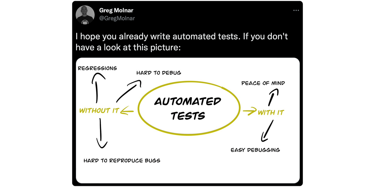 an image describing advantages of automated tests: peace of mind and easy debugging over disadvantages: hard to debug, regression is hard and hard to reproduce bugs