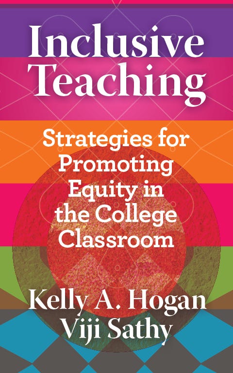 Picture of Inclusive Teaching book: White text on purple, pink, orange, green, and blue stripes with faint geometric patterns in the background