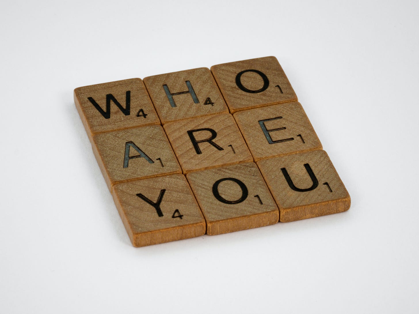 Wooden scrabble pieces on a neutral background, that spells out, "Who are you"