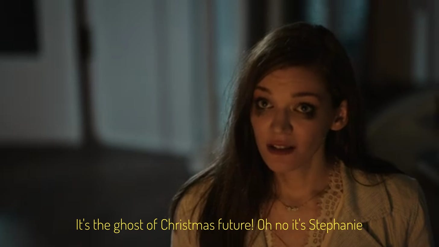 Stephanie, looking very disheveled, captioned "It's the ghost of Christmas future! Oh no it's Stephanie"
