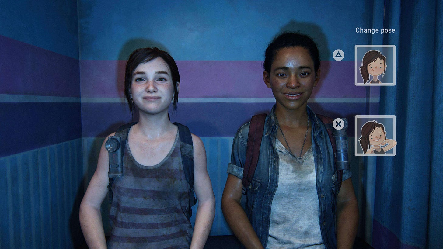 Ellie and Riley in a photobooth in The Last of Us Part 1 Left Behind