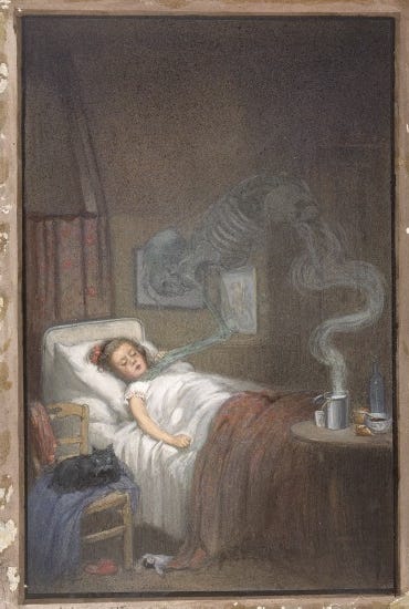 vintage illustration of child in bed with skeleton of noxious fumes taking her by the throat
