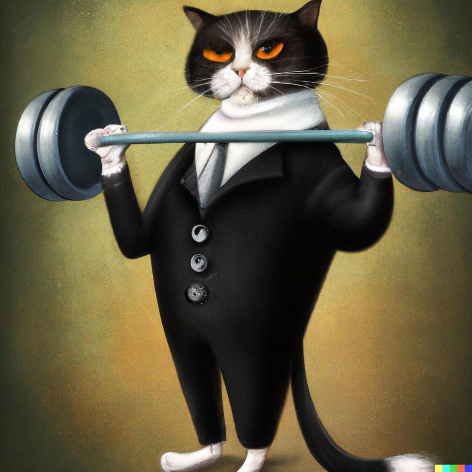 r/dalle2 - A cat in a tuxedo lifting weights in the style of Van Gogh